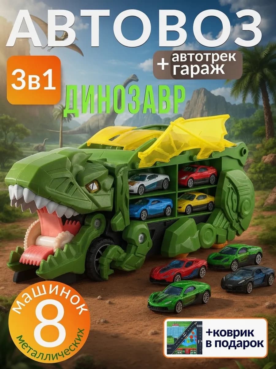 Автовоз‑динозавр с машинками, игровой набор + коврик