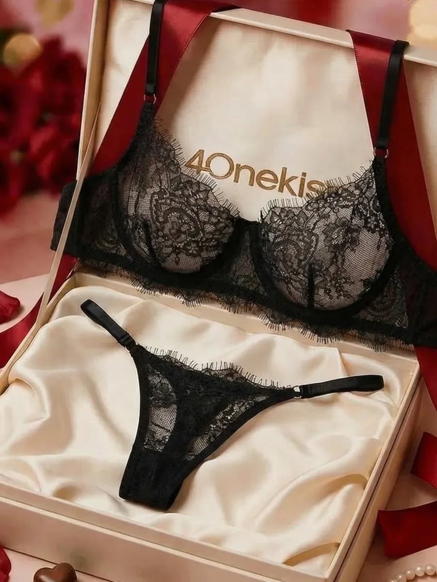 Комплект нижнего белья прозрачный кружевной - фото 1