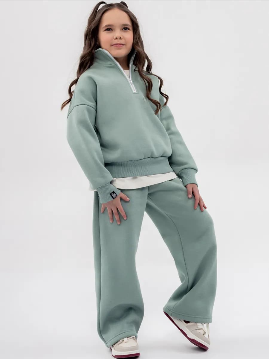 Костюм худи и брюки палаццо для девочки с начесом на осень - фото 1