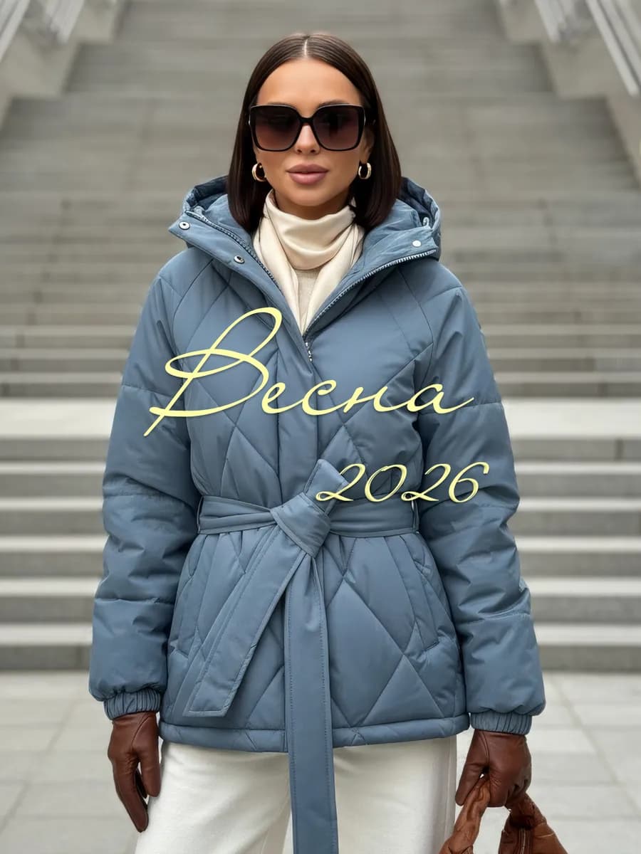 Куртка стеганая демисезонная с капюшоном и поясом