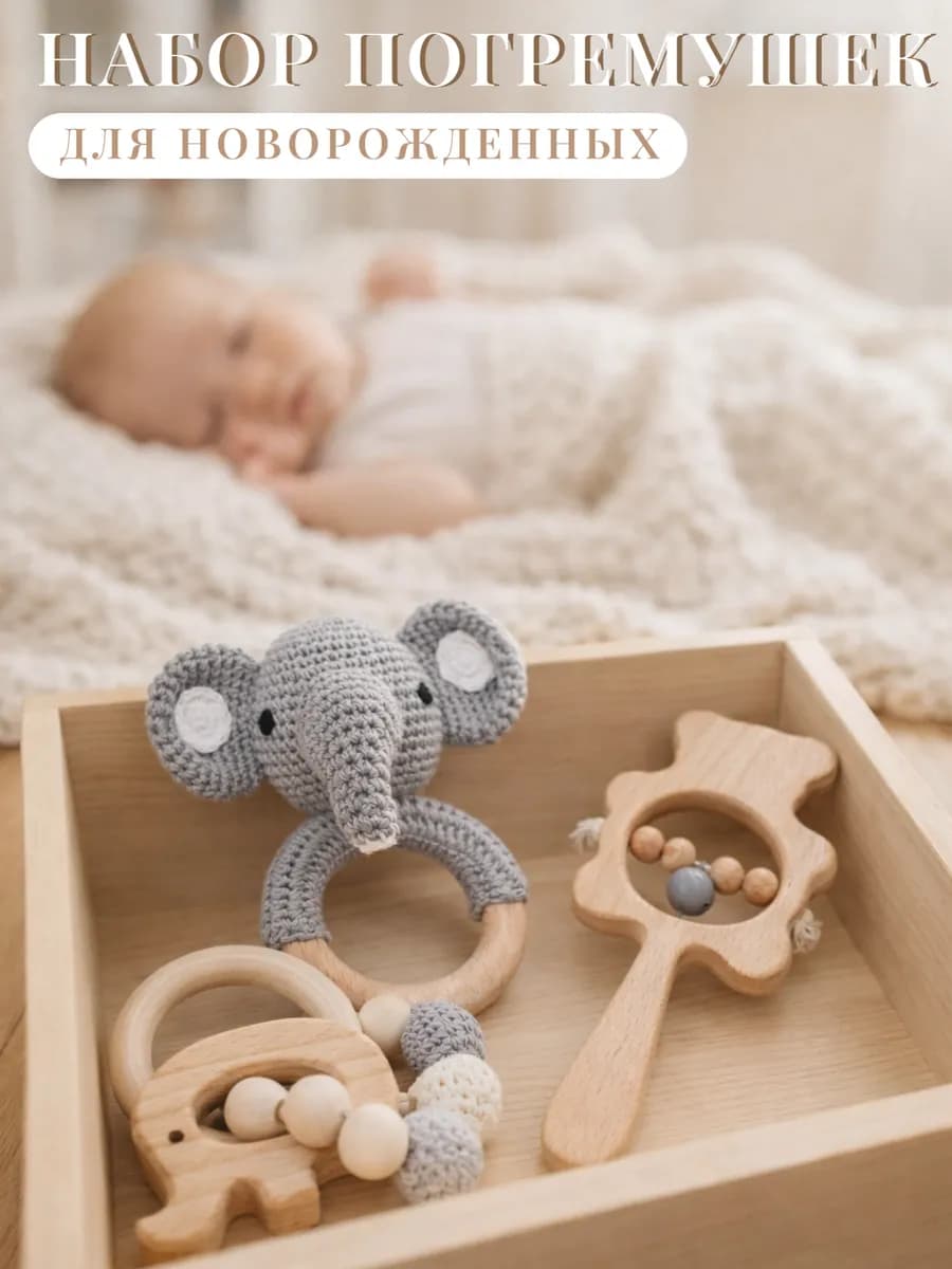 Набор погремушек Слон вязаная и деревянные