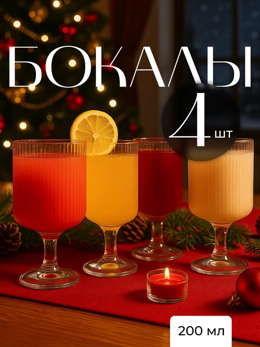 Бокалы для вина и коктейлей стеклянные на ножке, набор 4 шт