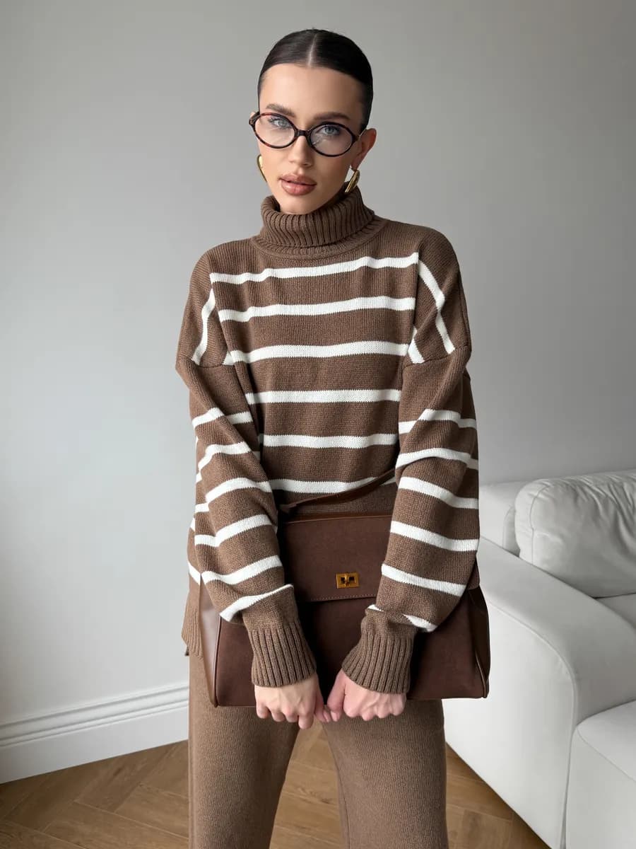 Вязаный костюм теплый трикотажный с брюками - фото 1