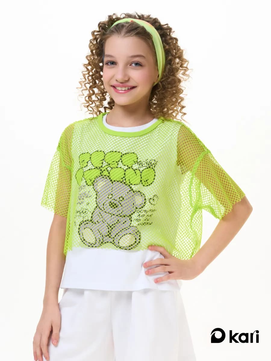 Футболка сетка для девочки оверсайз салатовая с топом