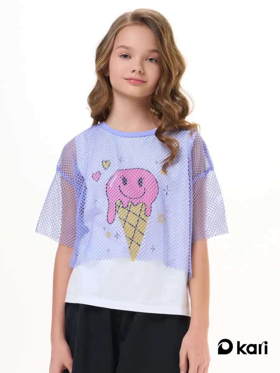 Футболка сетка для девочки оверсайз фиолетовая с топом
