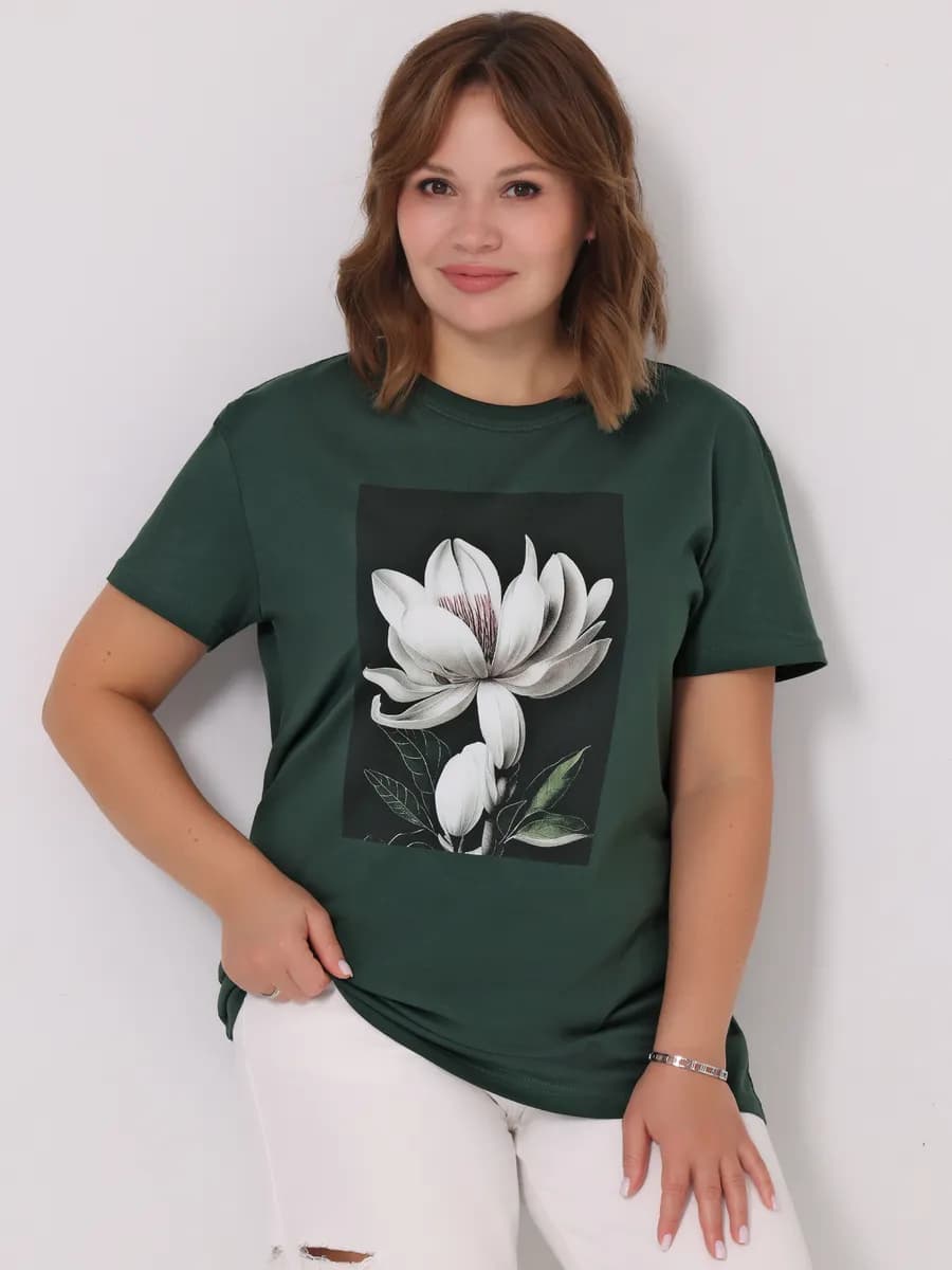Футболка темно-зеленая с принтом хлопок 100%