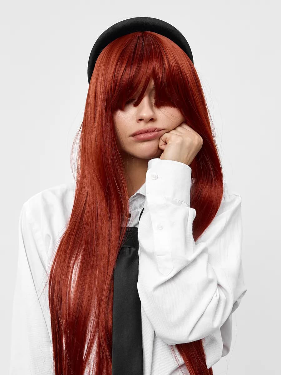 Парик длинный рыжий прямой 75см густой + шапочка в подарок - фото 1