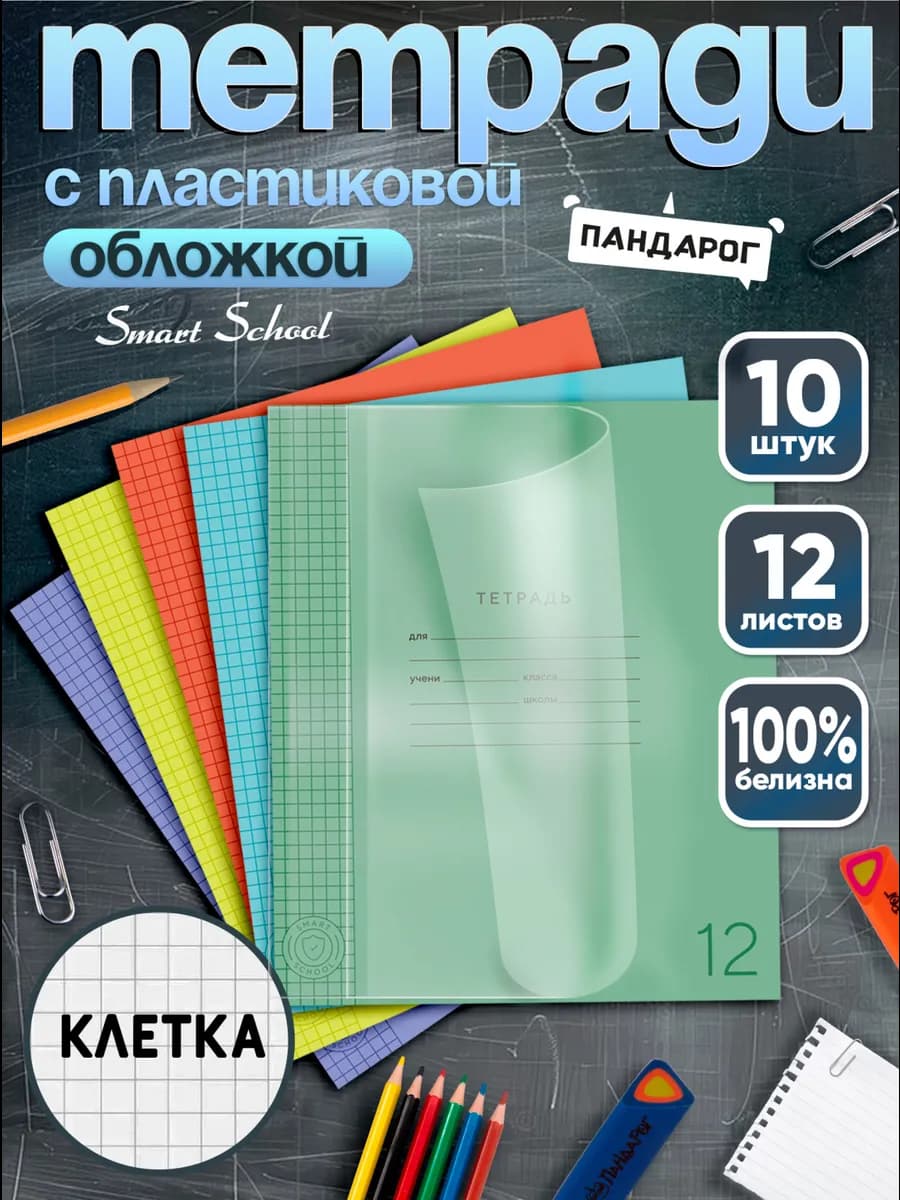 Тетради в клетку с пластиковой обложкой 12 листов, 10 шт