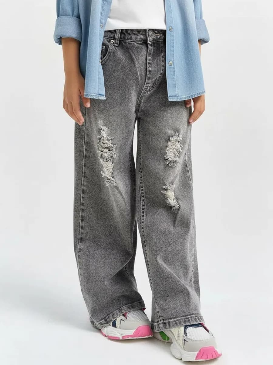 Джинсы рваные для девочки на резинке широкие палаццо
