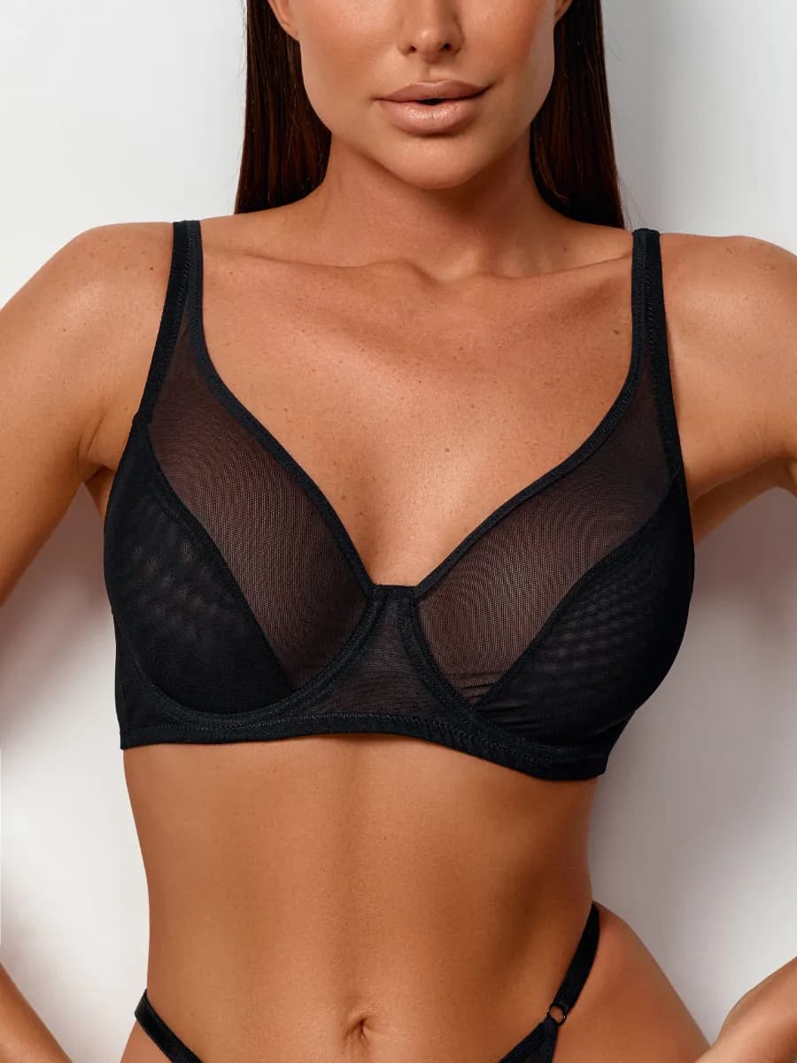 Бюстгальтер черный без поролона без пушап сетка прозрачный