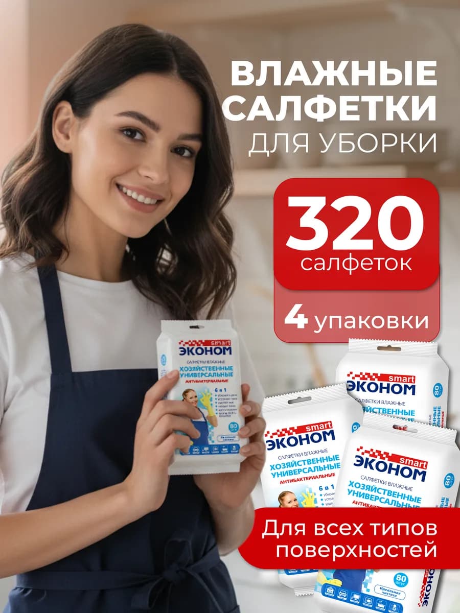 Влажные салфетки для уборки универсальные 320 шт. 4 упаковки