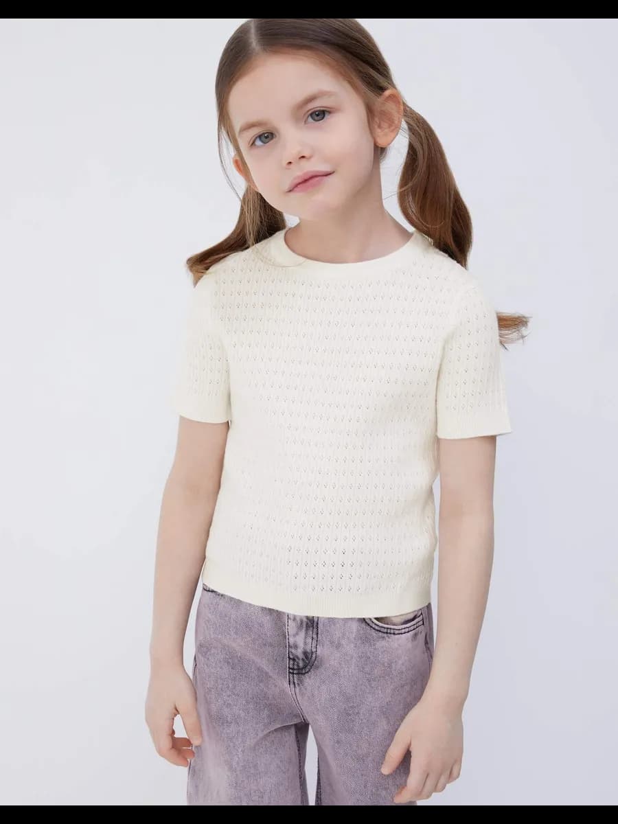 Молочный джемпер с коротким рукавом из трикотажа пуантель