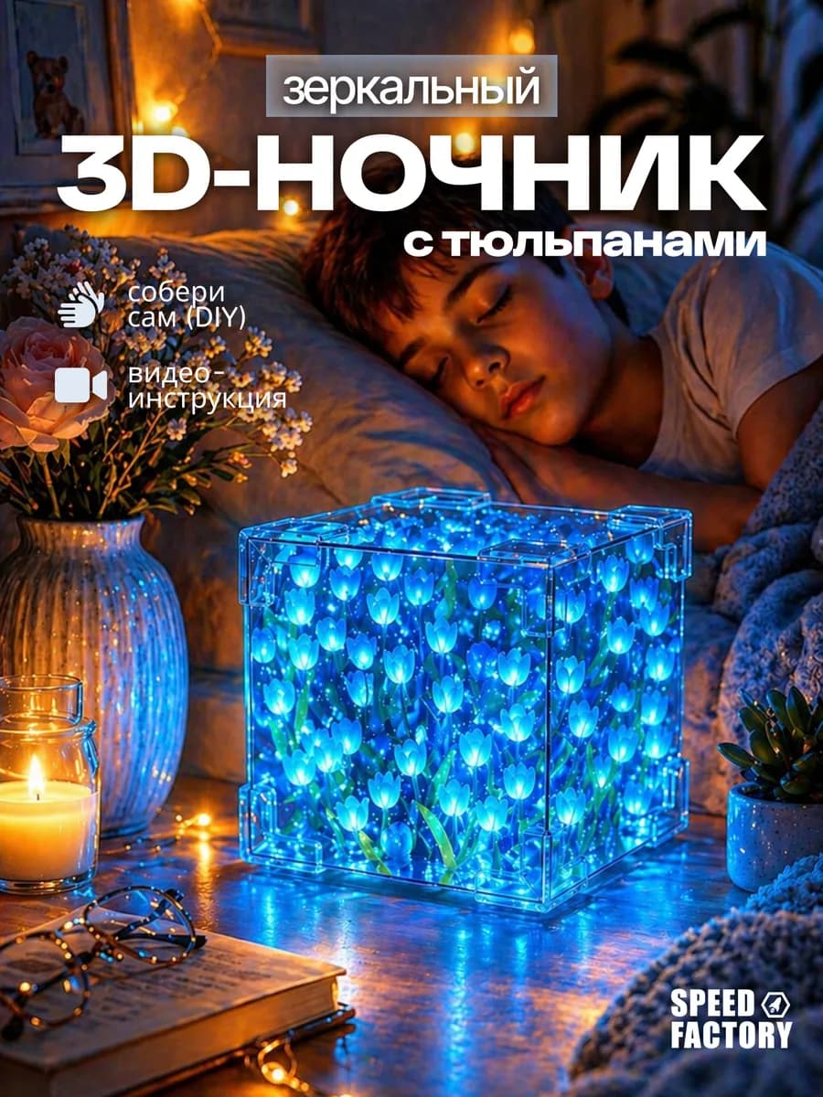 Ночник тюльпаны Светильник с цветами в кубе