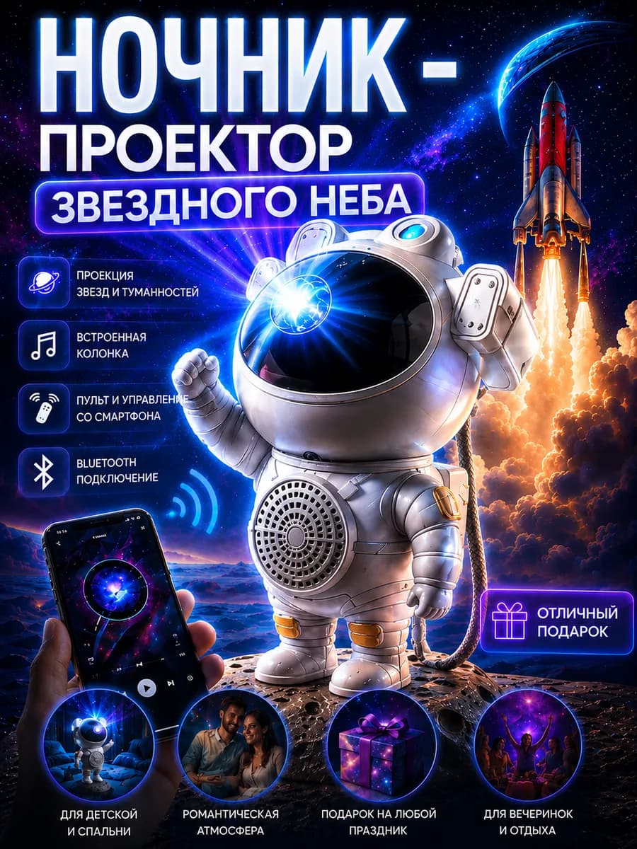 Ночник космонавт проектор звездное небо с пультом