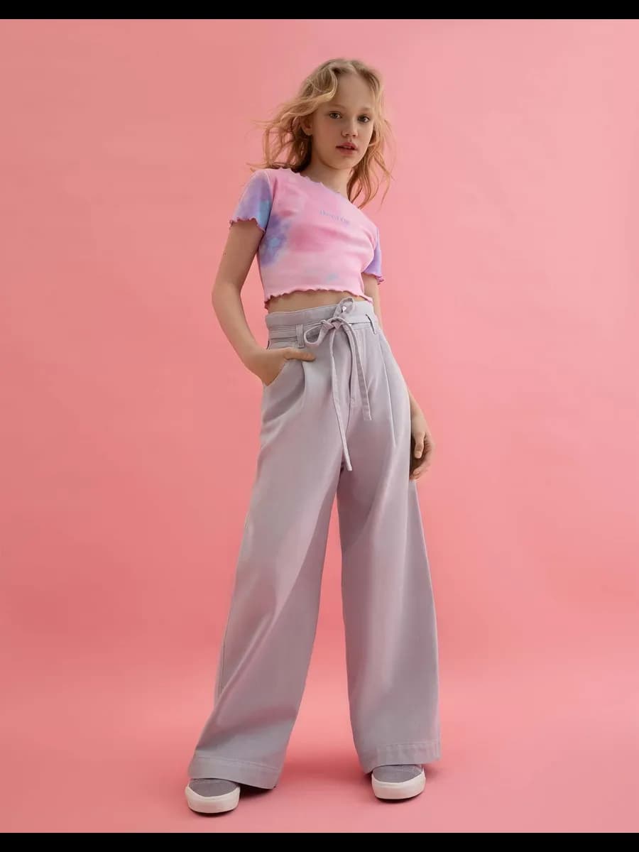 Лиловые джинсы Wide leg с поясом и складками