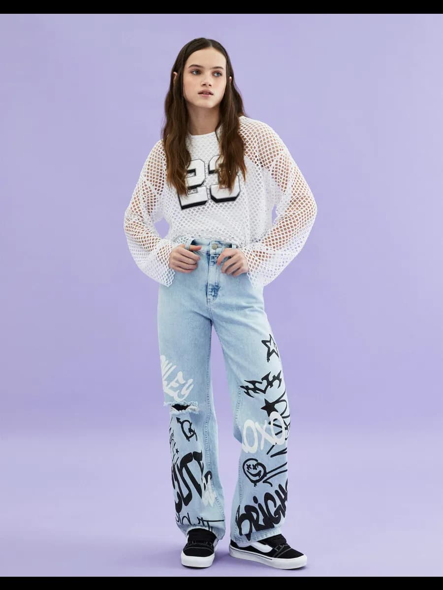 Джинсы Long leg с рваным дизайном и граффити-принтом