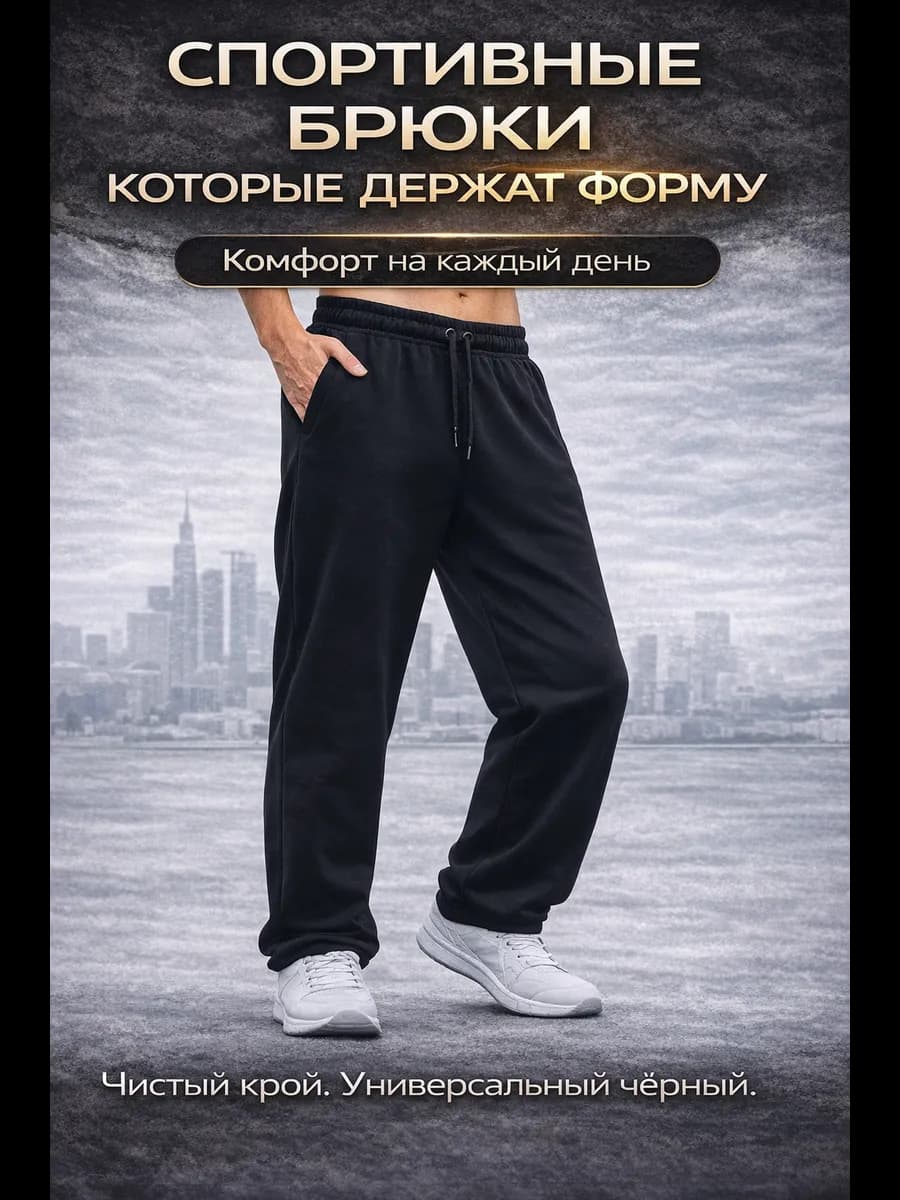 Брюки спортивные трико черные прямые с шнурком
