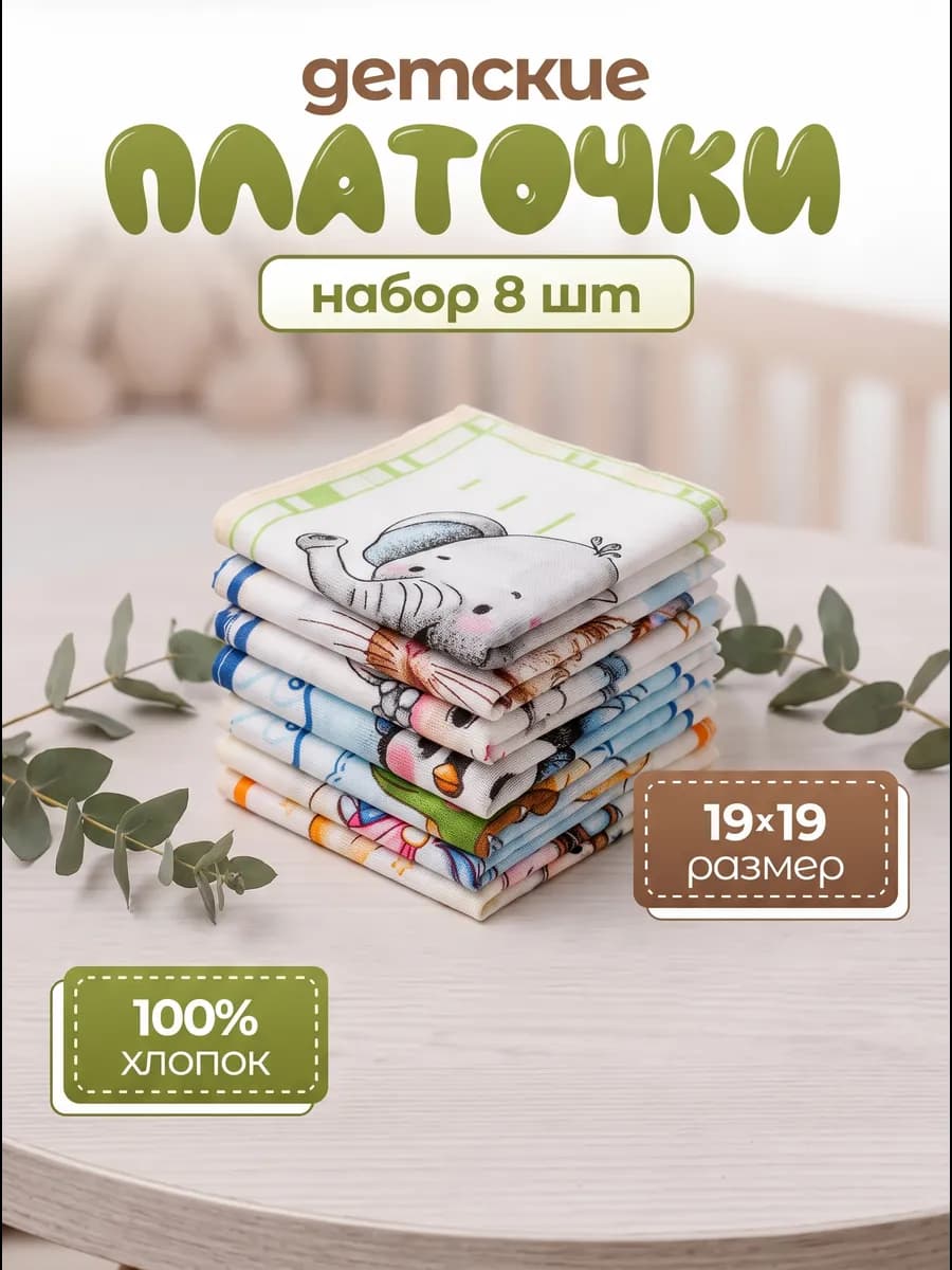 Носовые платки из хлопка детские набор 8 шт