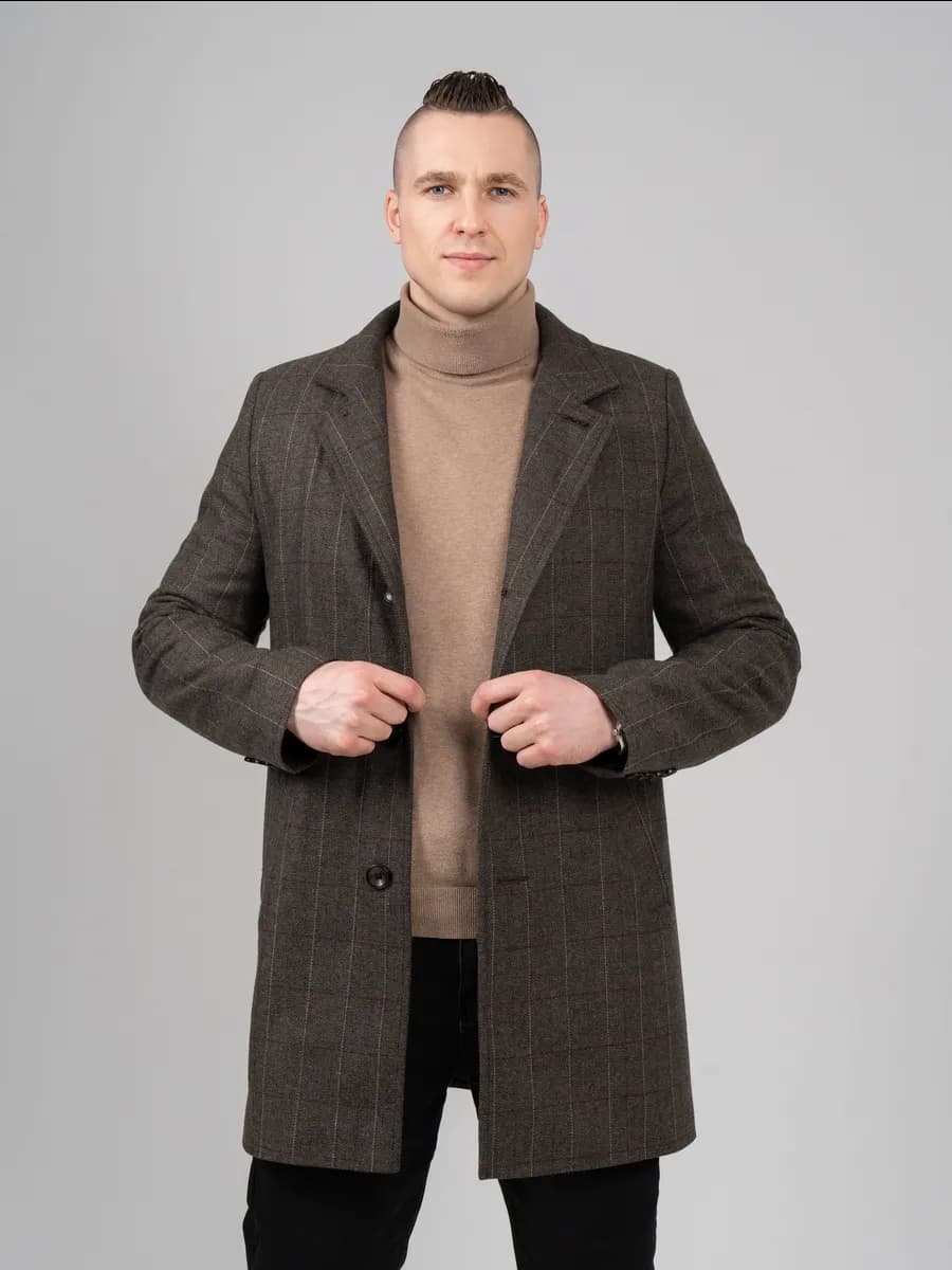 Пальто демисезонное коричневое в клетку - фото 1