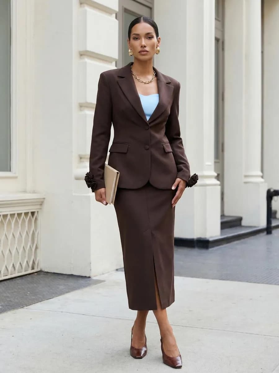 Костюм деловой с юбкой миди с розой