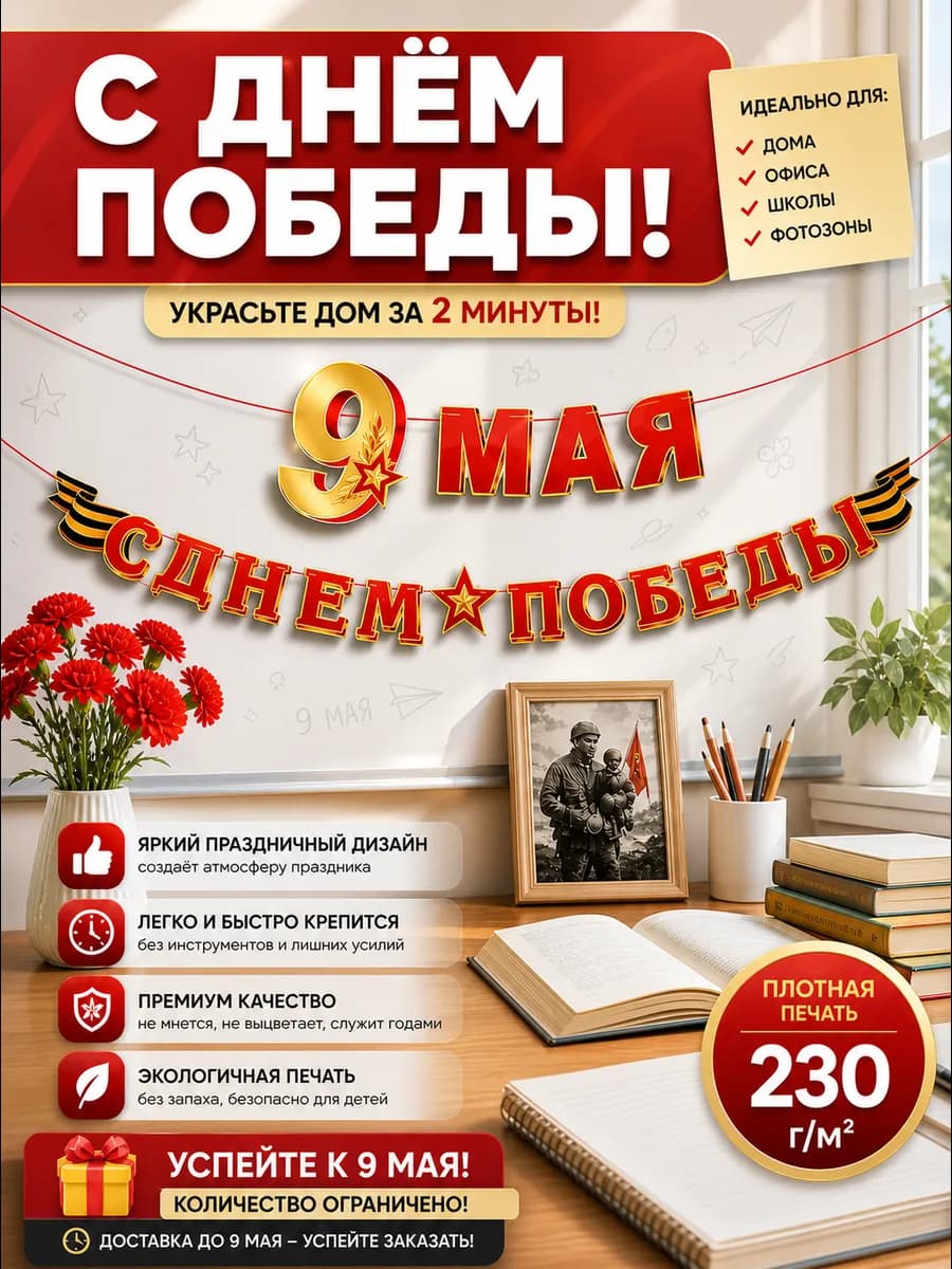 Растяжка гирлянда 9 мая оформление фотозона день победы