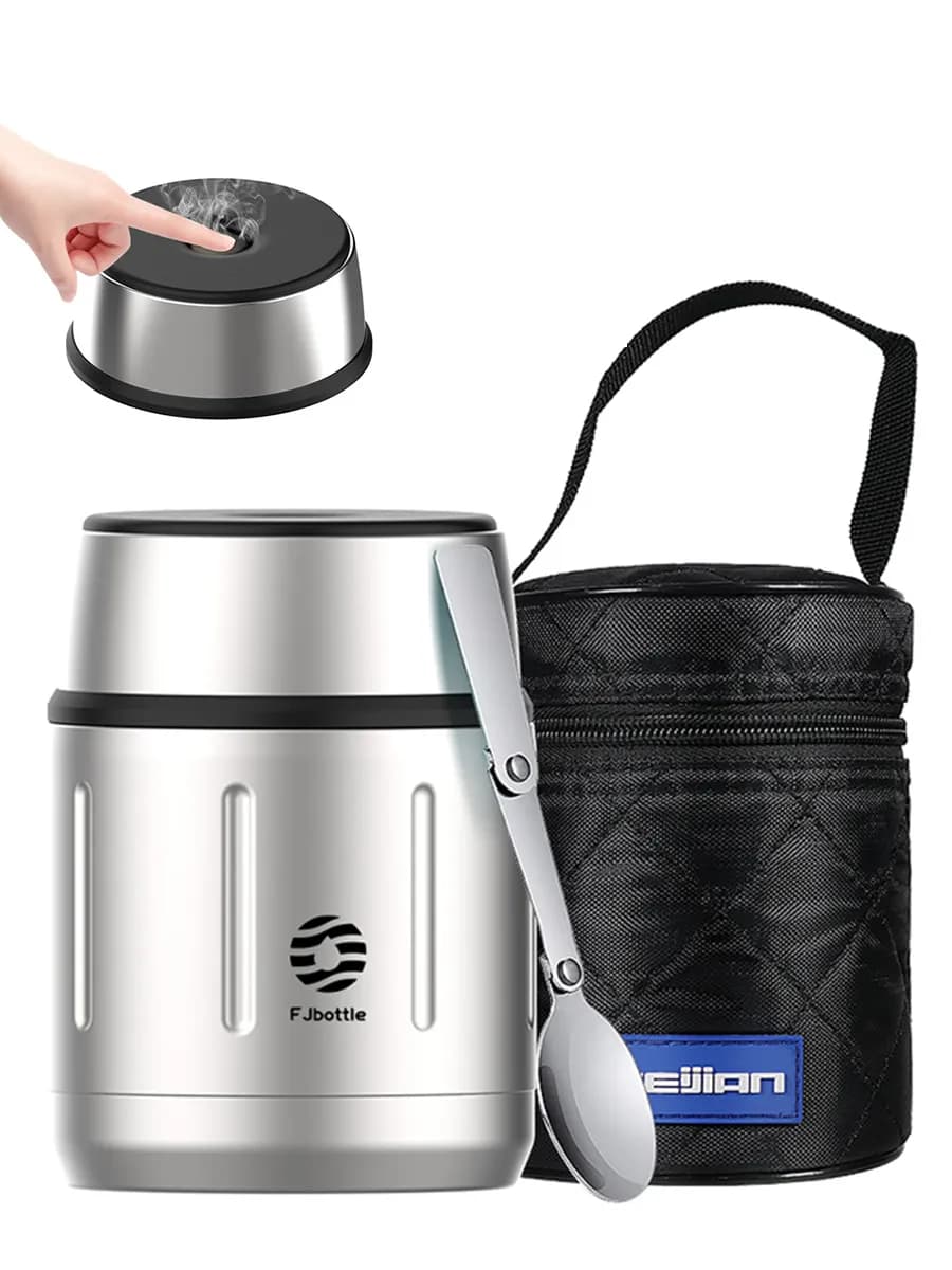 Термос для еды и супа с широким горлом и складной ложкой