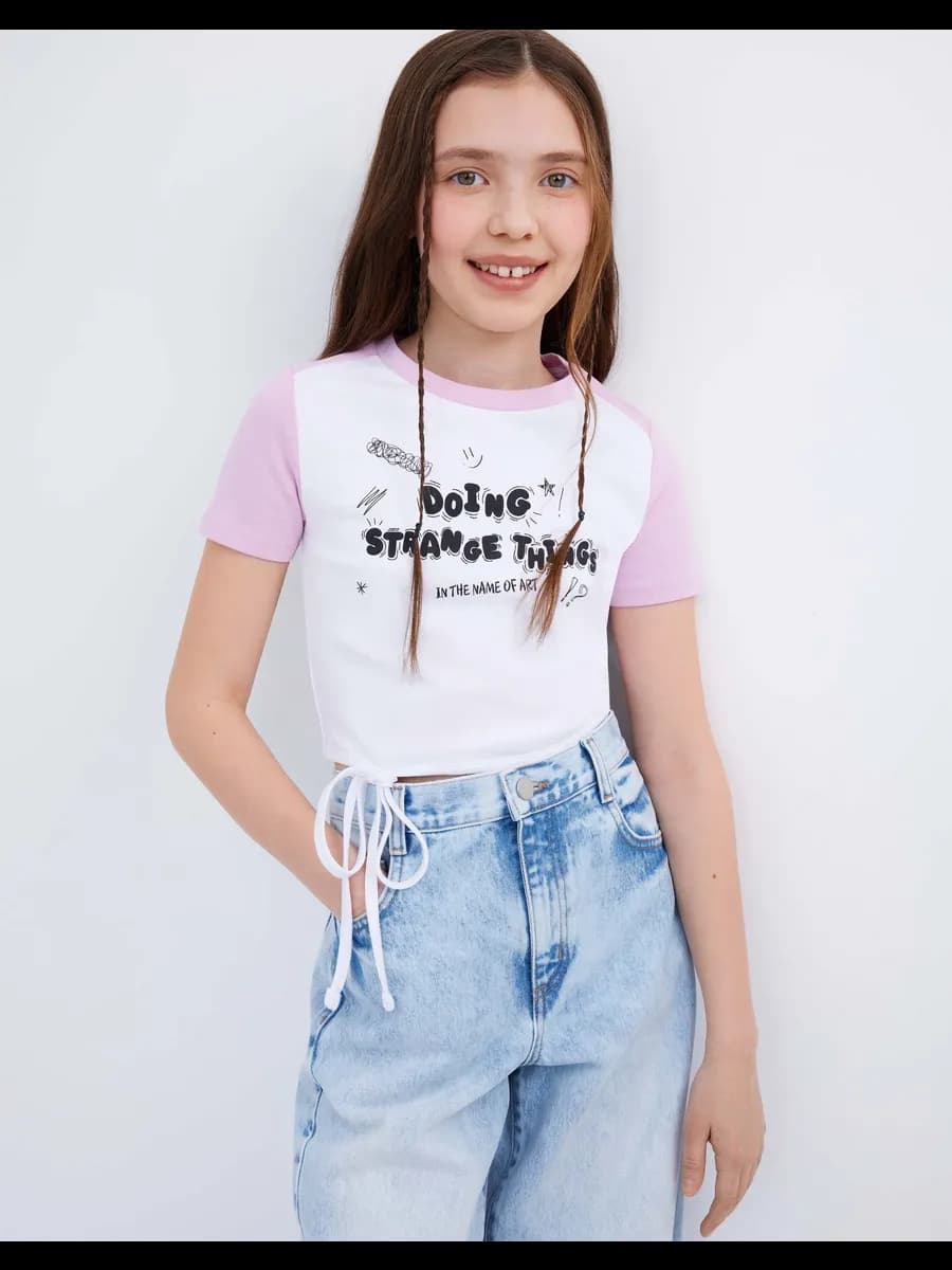 Укороченная футболка колор-блок в рубчик