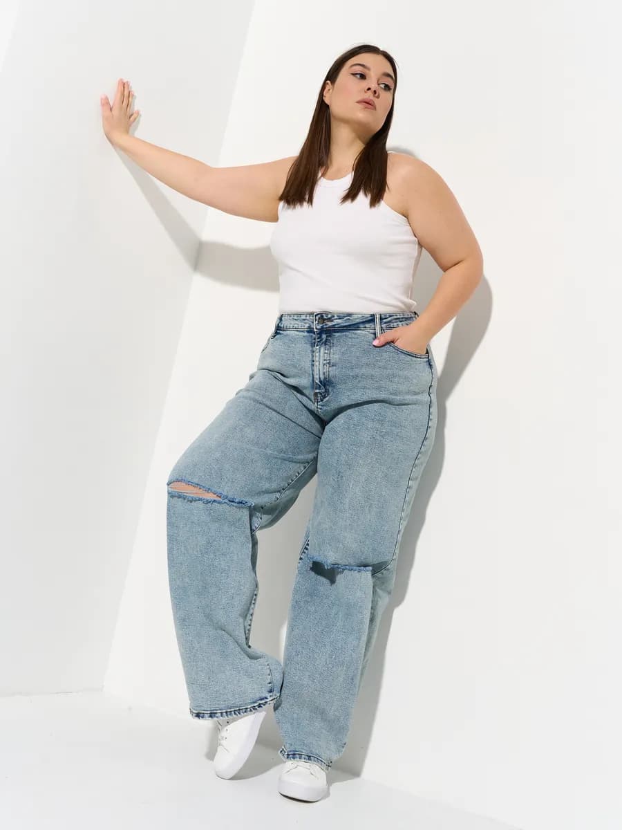 Джинсы рваные широкие прямые большие размеры