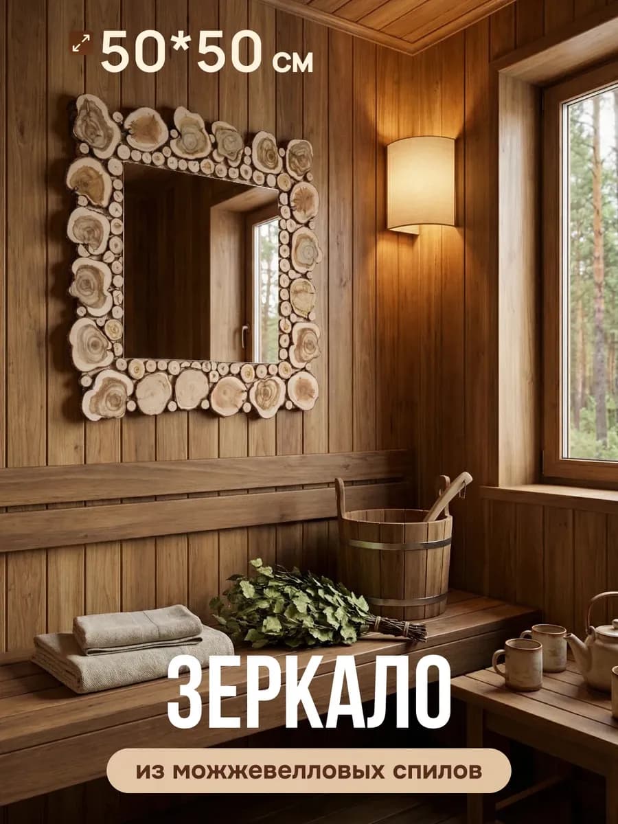 Зеркало из спилов можжевельника для бани 50х50см