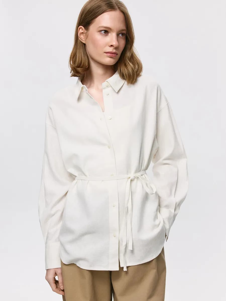 Рубашка оверсайз льняная летняя с поясом на талии - фото 1