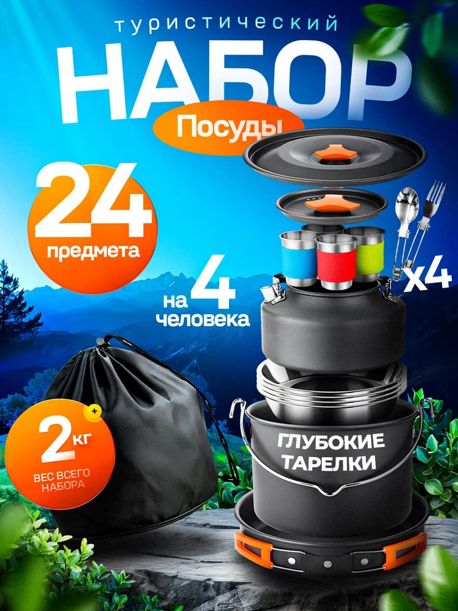 Походный туристический набор посуды для пикника и отдыха
