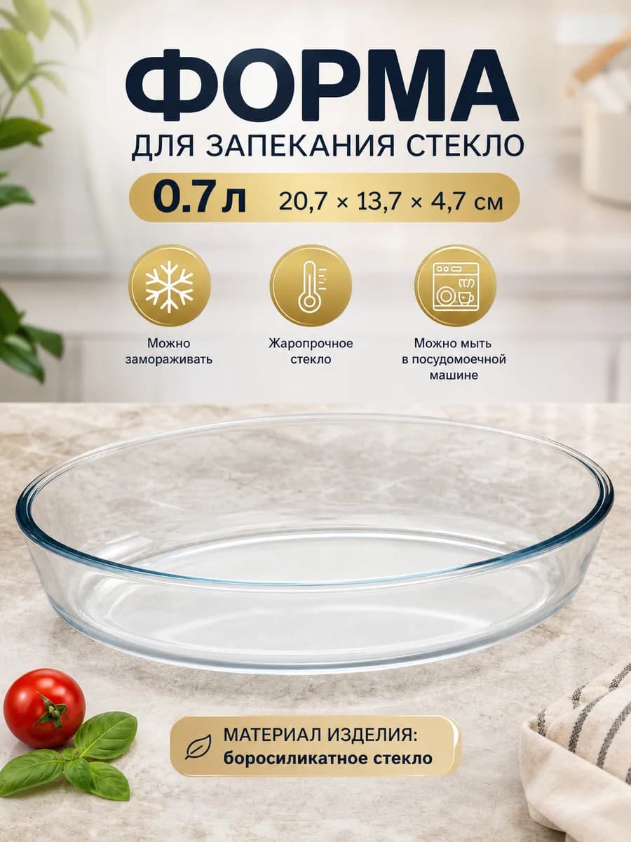 Форма для запекания стеклянная 0,7 л, 20,7х13,7х4,7 см