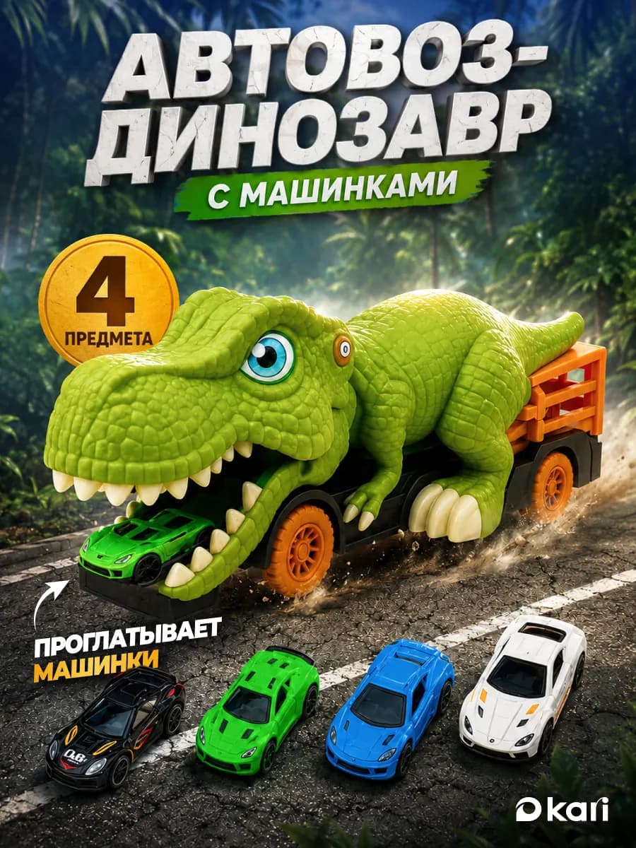 Набор машинок 4 шт для мальчиков с автовозом Динозавр