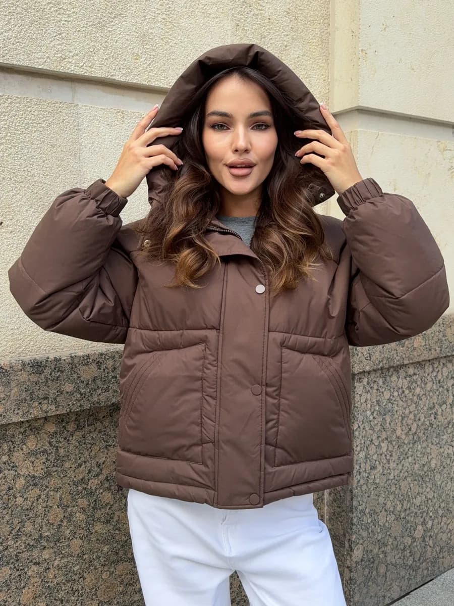 Куртка теплая короткая оверсайз с капюшоном