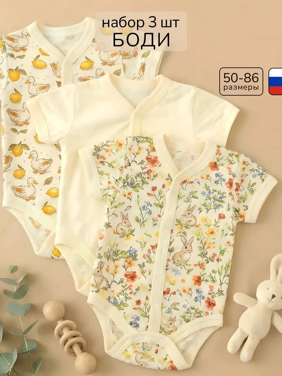 Боди для новорожденных с коротким рукавом набор 3шт