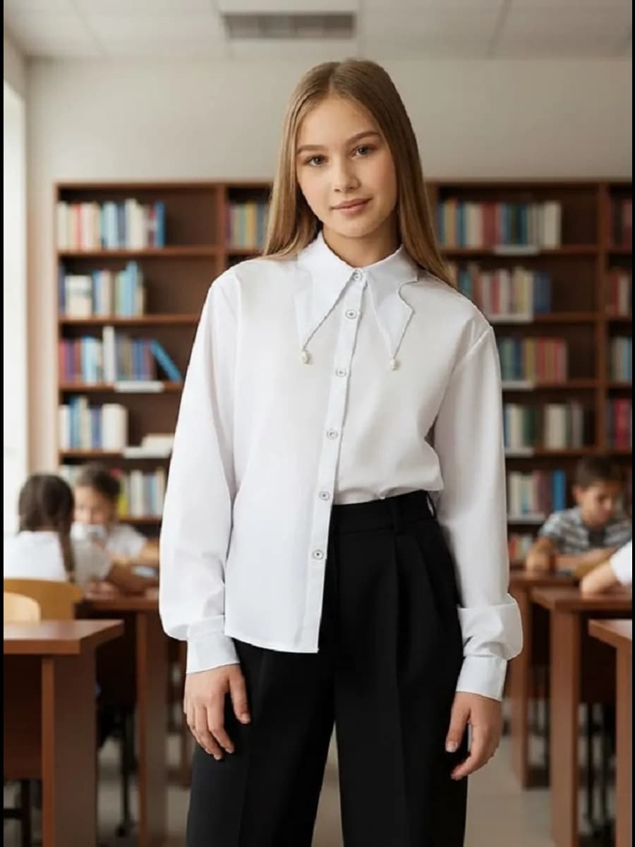 Рубашка оверсайз школьная хлопковая с бусинами