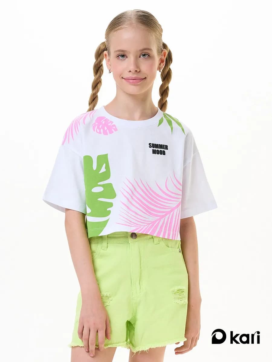 Футболка для девочки оверсайз белая укороченная с принтом