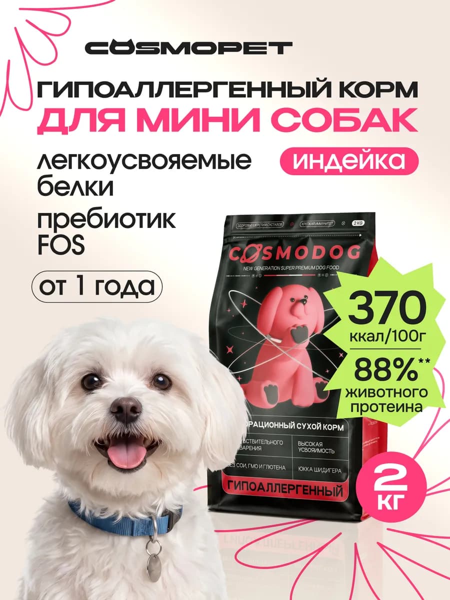 Корм для мини собак сухой гипоаллергенный с индейкой 2 кг