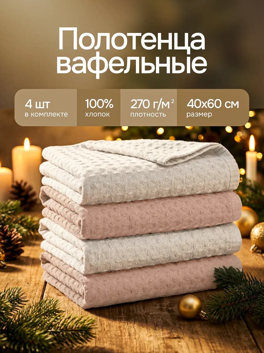 Полотенце кухонное вафельное хлопок набор 4 штуки 40х60