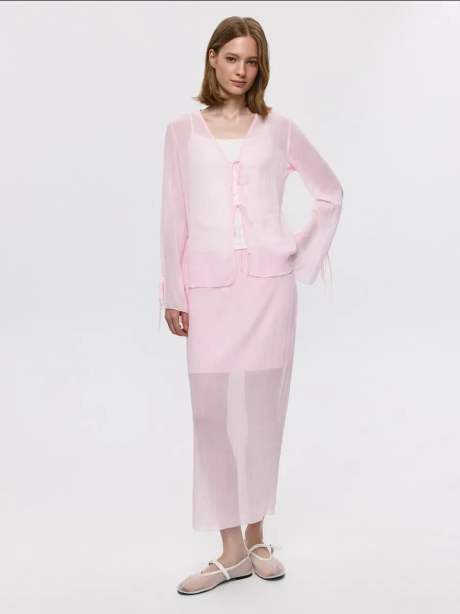 Юбка миди розовая из полупрозрачной ткани с жатым эффектом