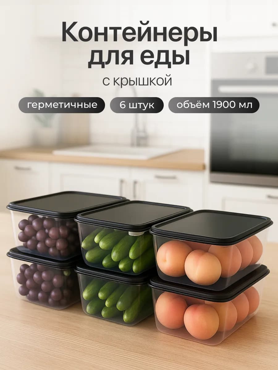 Контейнеры для еды и хранения продуктов 1,9л, 6 штук