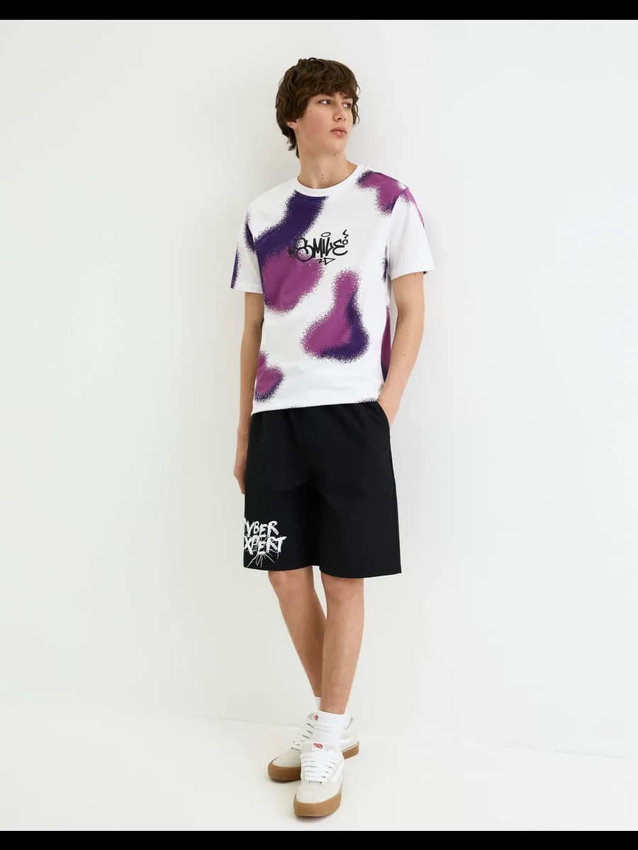 Чёрные шорты Straight из поплина с принтом