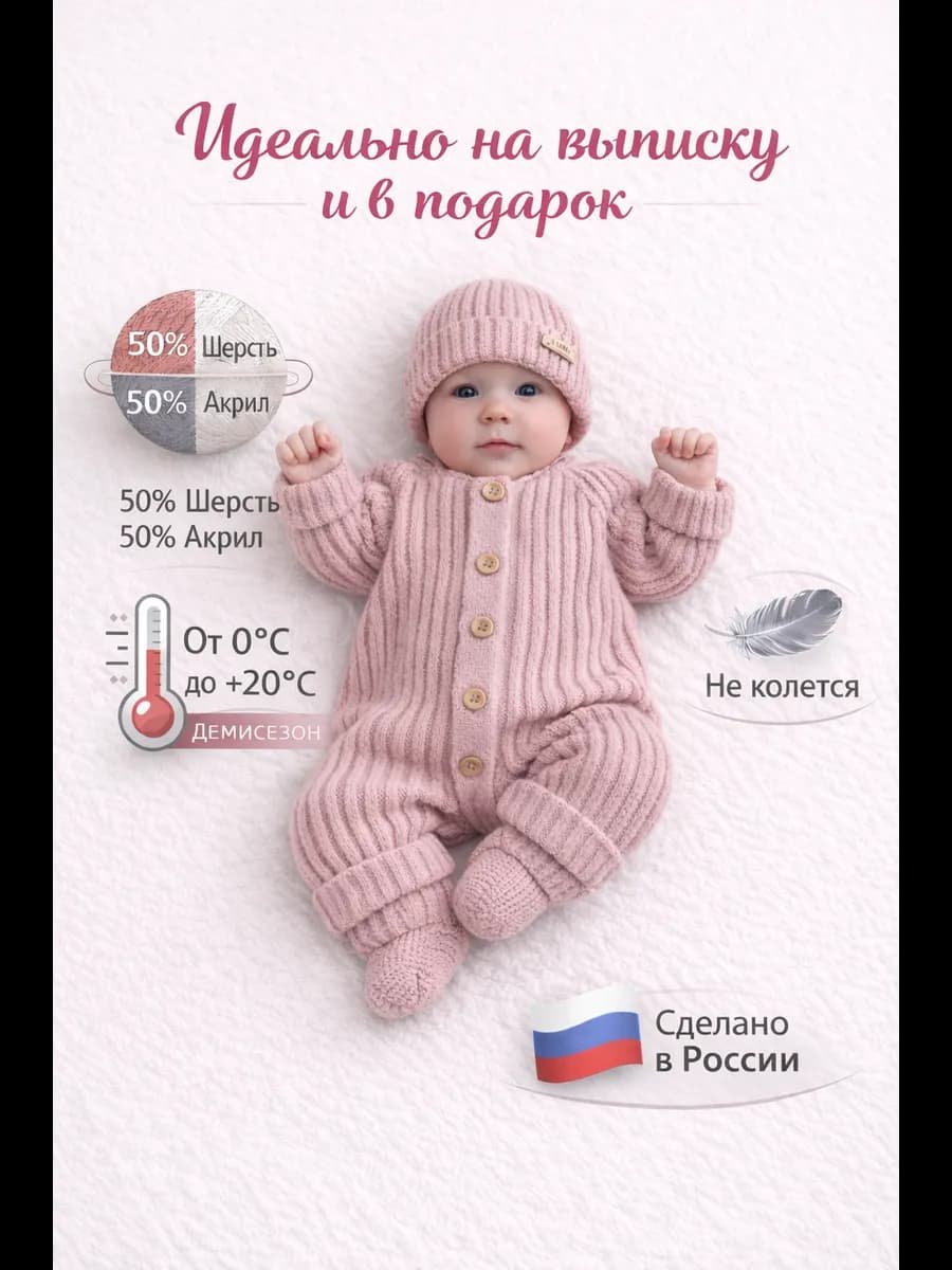 Комбинезон вязаный для новорожденных на выписку