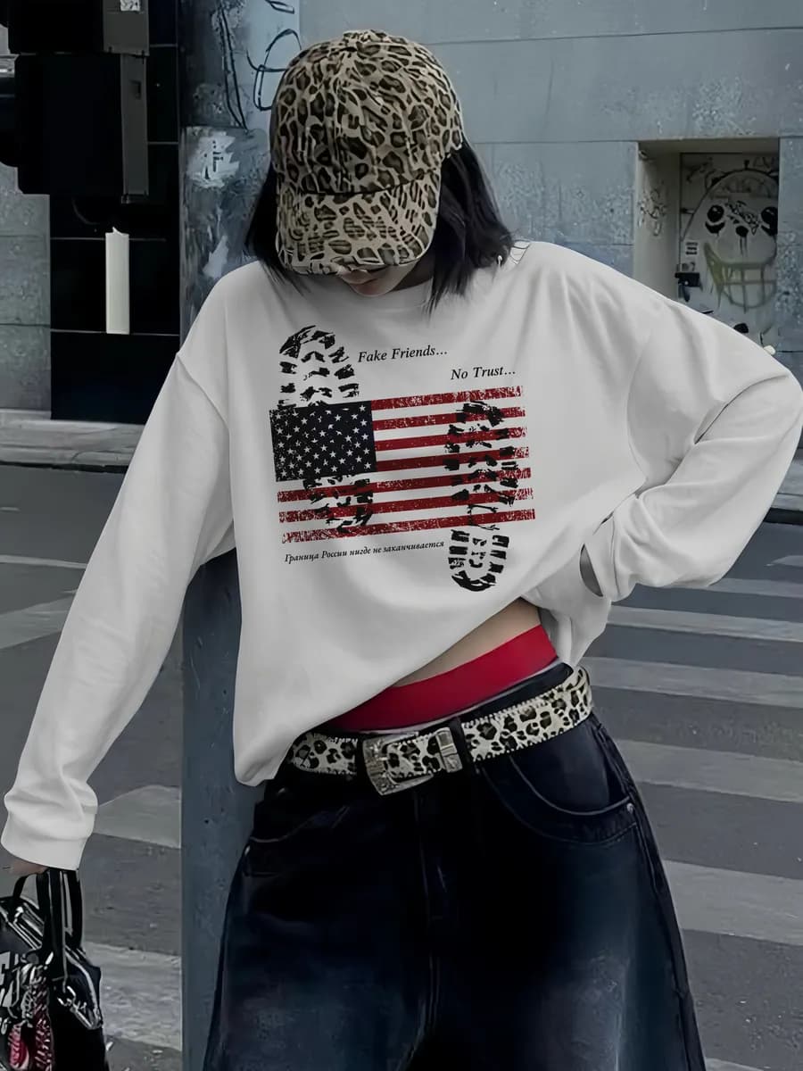 Белый лонгслив оверсайз с принтом y2k у2к сша usa америка
