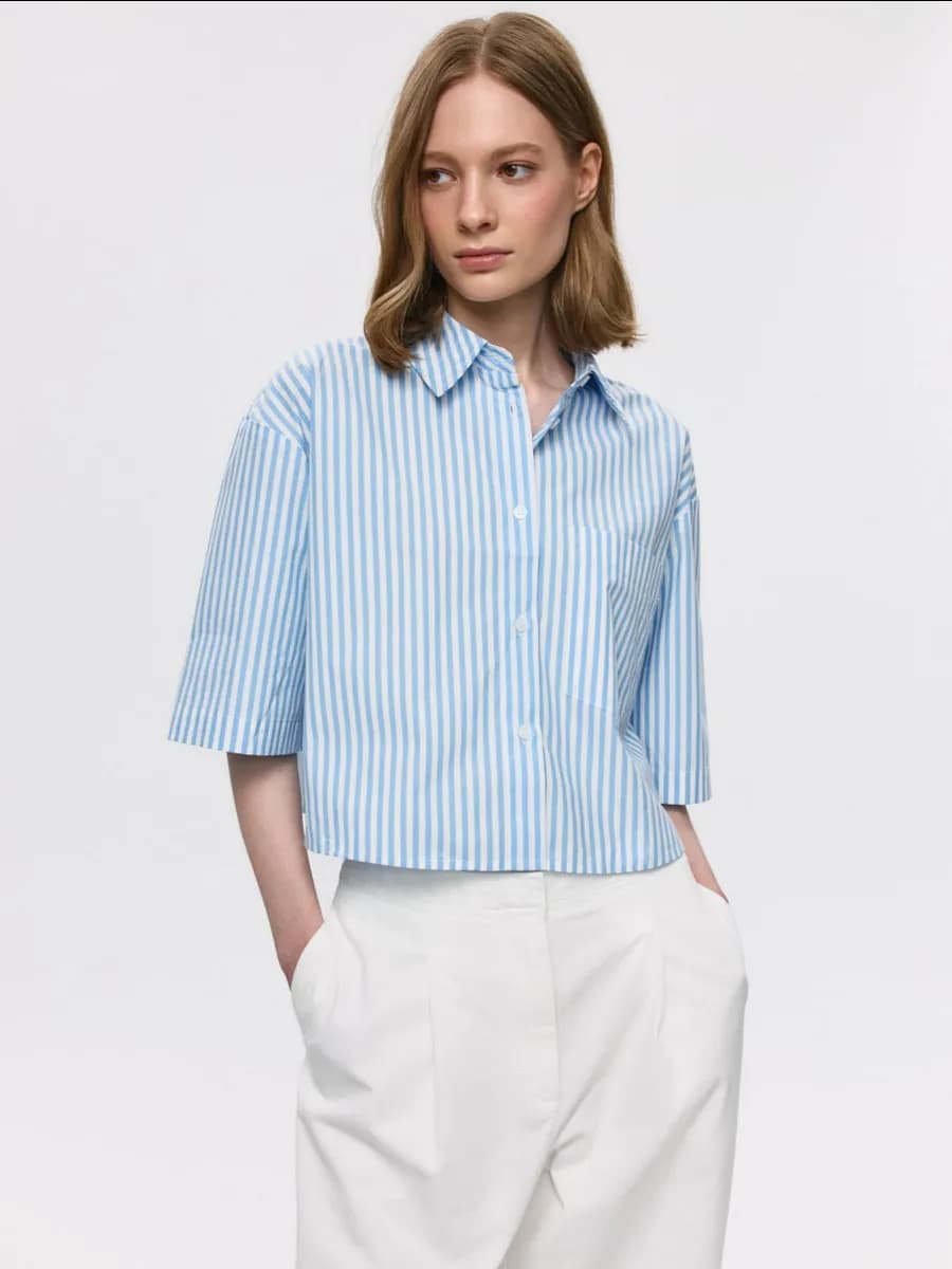 Рубашка оверсайз укороченная в полоску с коротким рукавом