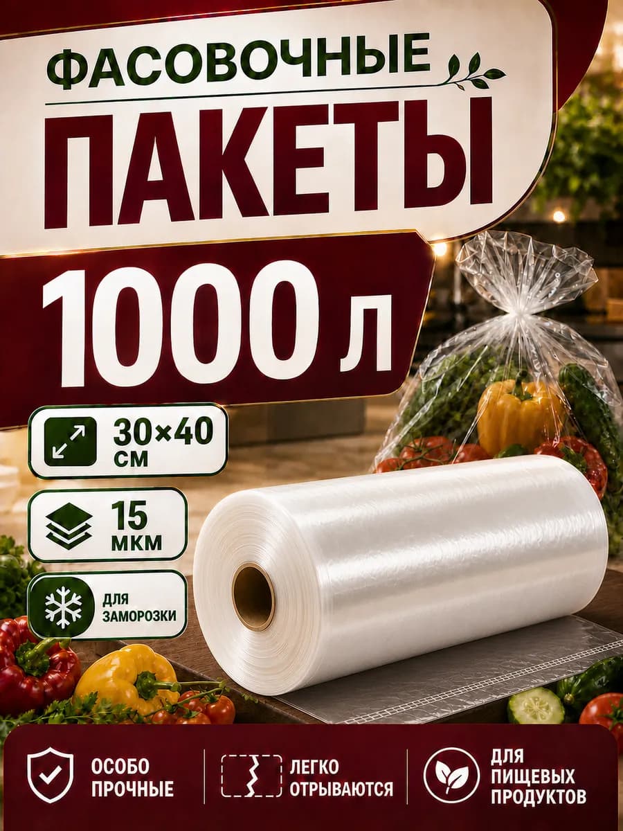 Пакеты фасовочные пищевые в рулоне 30×40 см, 15 мкм