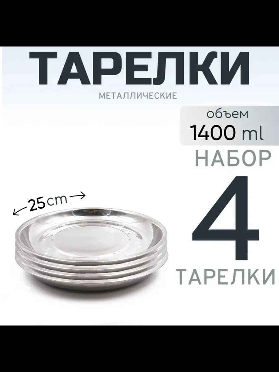 Тарелка из нержавеющей стали 25 см 4 шт - фото 1