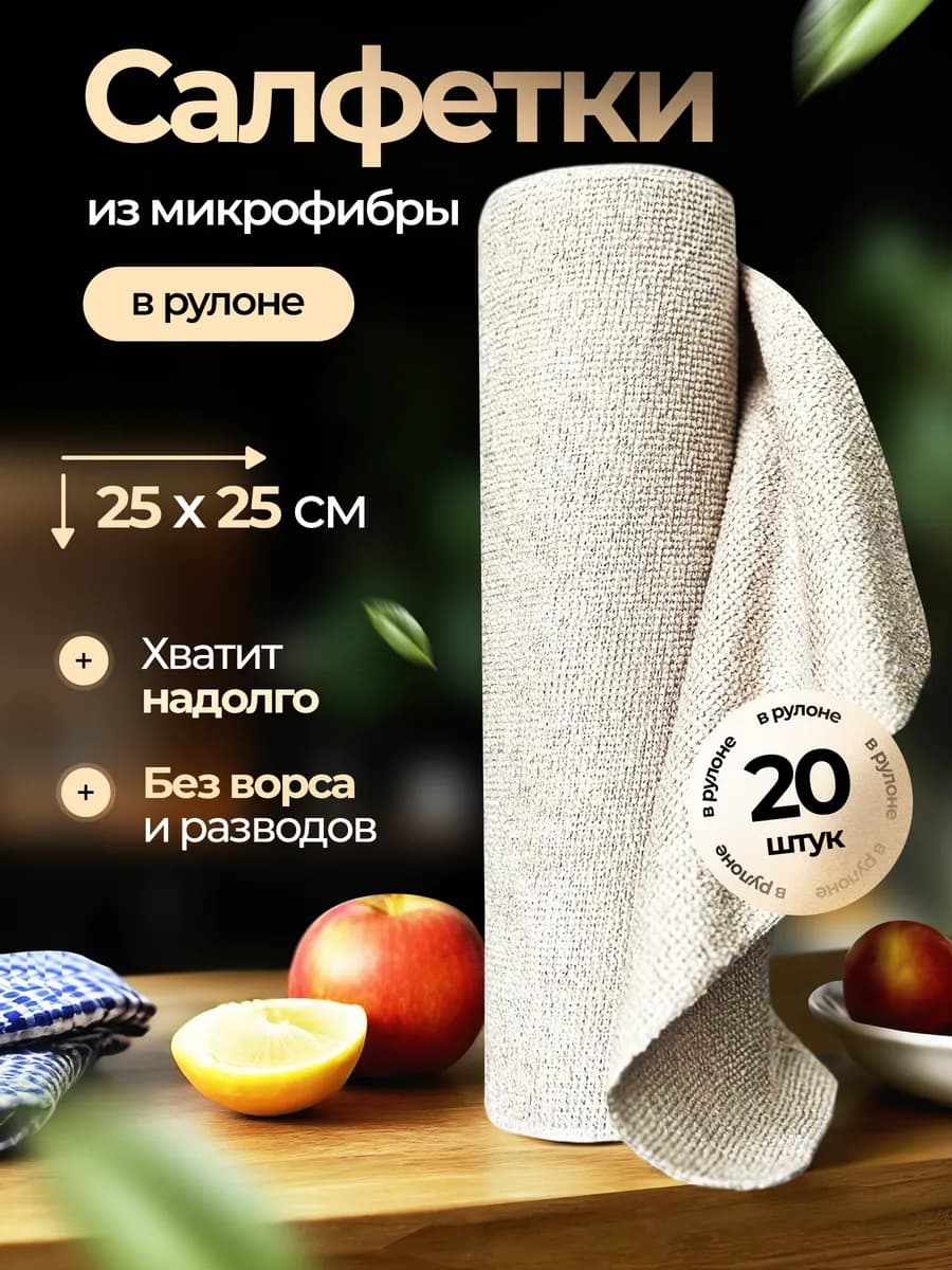 Салфетки для уборки из микрофибры в рулоне 20 шт - фото 1