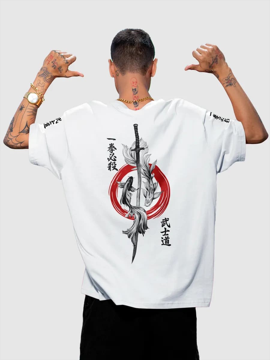 Плотная оверсайз футболка белая с принтом Ikken Hissatsu