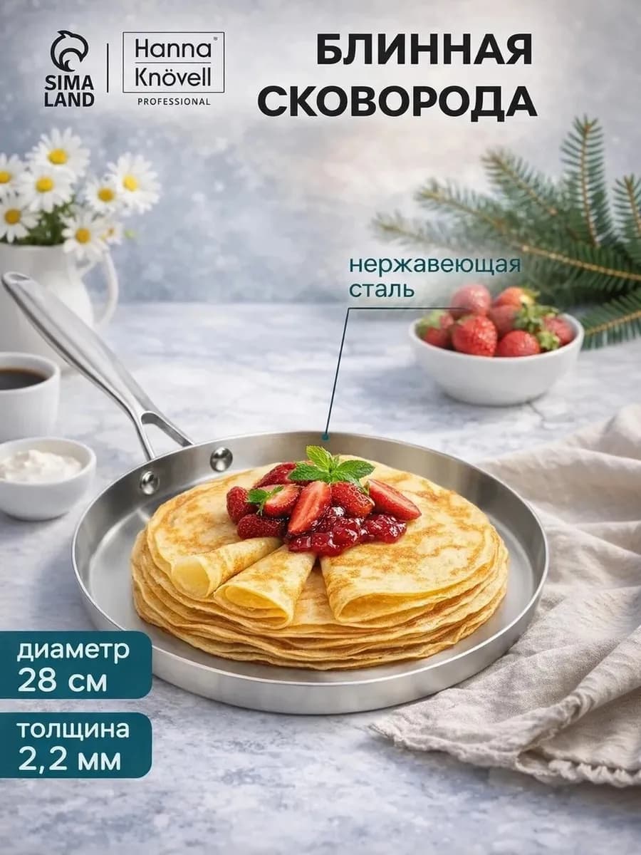 Сковорода блинная 28 см, индукция, нержавеющая сталь - фото 1